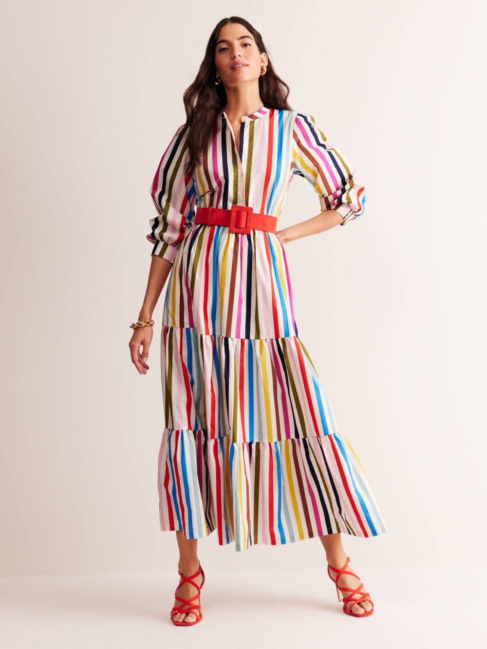 Boden Alba Rainbow Stripe Cotton Tiered Maxi Dress Belted Vertical Stripe US8 - Picture 13 of 16
